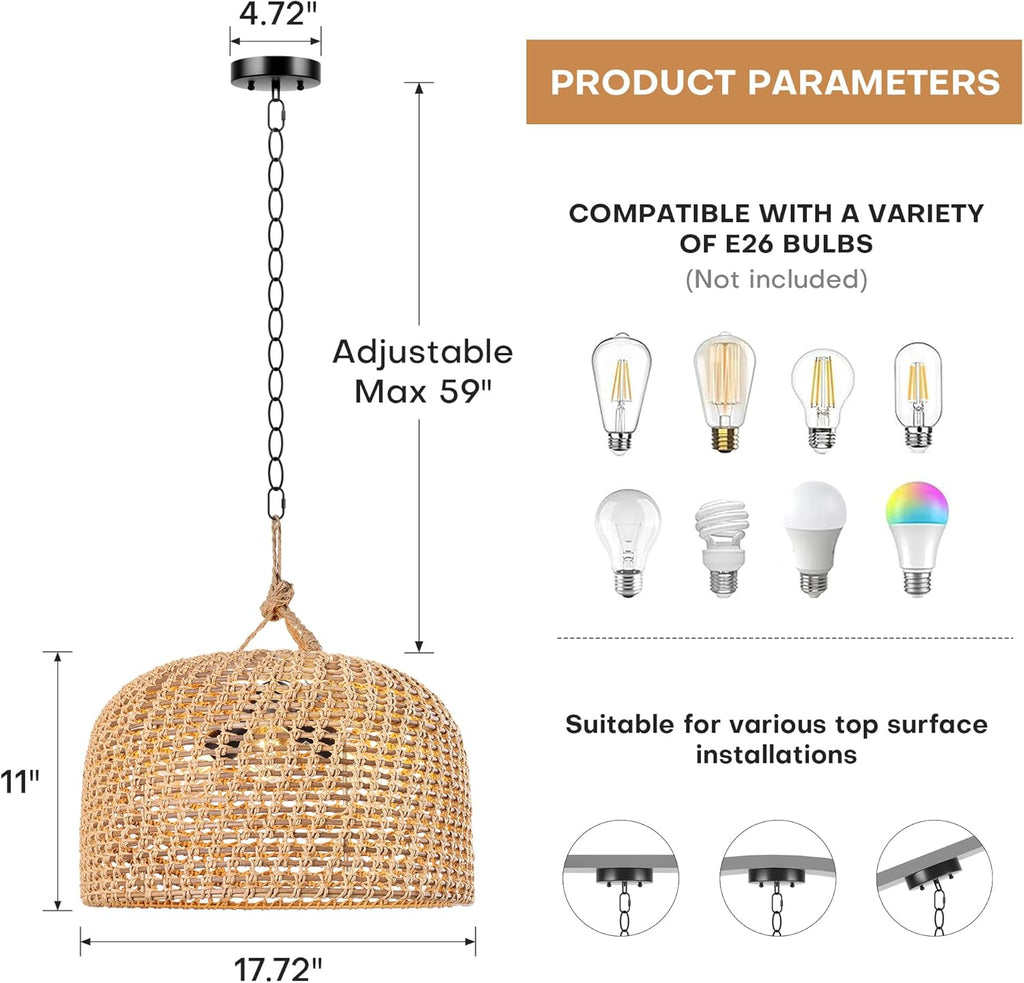 LamQee 18 Inch Rattan Farmhouse Chandelier, 3-Lights Boho Large Pendant Light with Dome Wicker Shade, Rustic Hand Woven Hanging Lighting Fixture for Dining Room, Kitchen Island, Entryway, Foyer