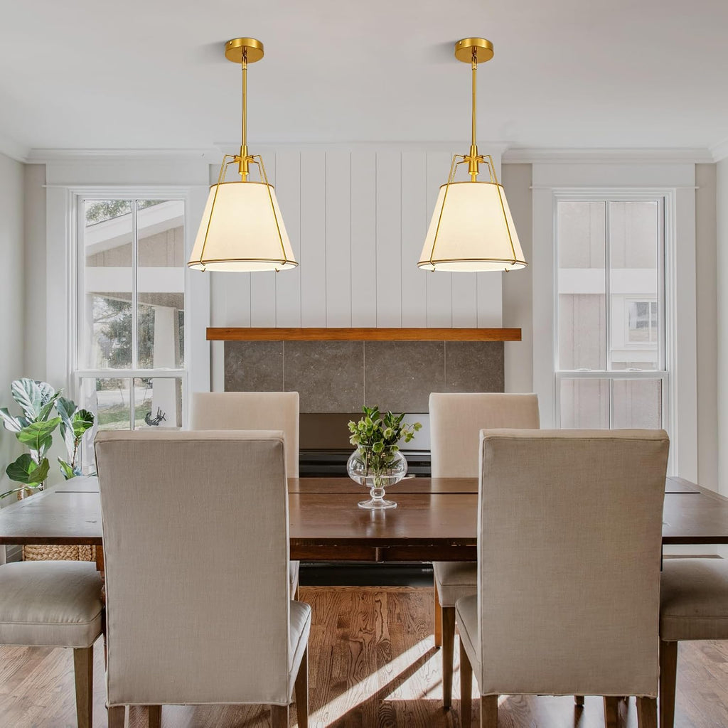 Modern Pendant Light Fixtures with 13" Off-White Linen Fabric Shade, Adjustable Hanging Light Fixture,Drum Gold Vintage Chandelier for Kitchen Island Bedroom Dining Room Foyer Entryway