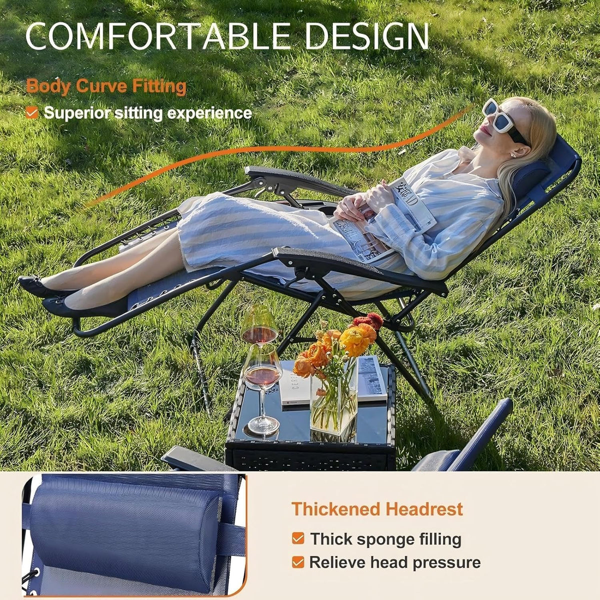 Sweetcrispy Zero Gravity Chairs, Set of 4 Portable Recliner Beach Camping Patio Outdoor Folding Lounge Chair with Cup Holder Trays and Adjustable Pillow for Poolside, Garden, Backyard, Lawn, Blue