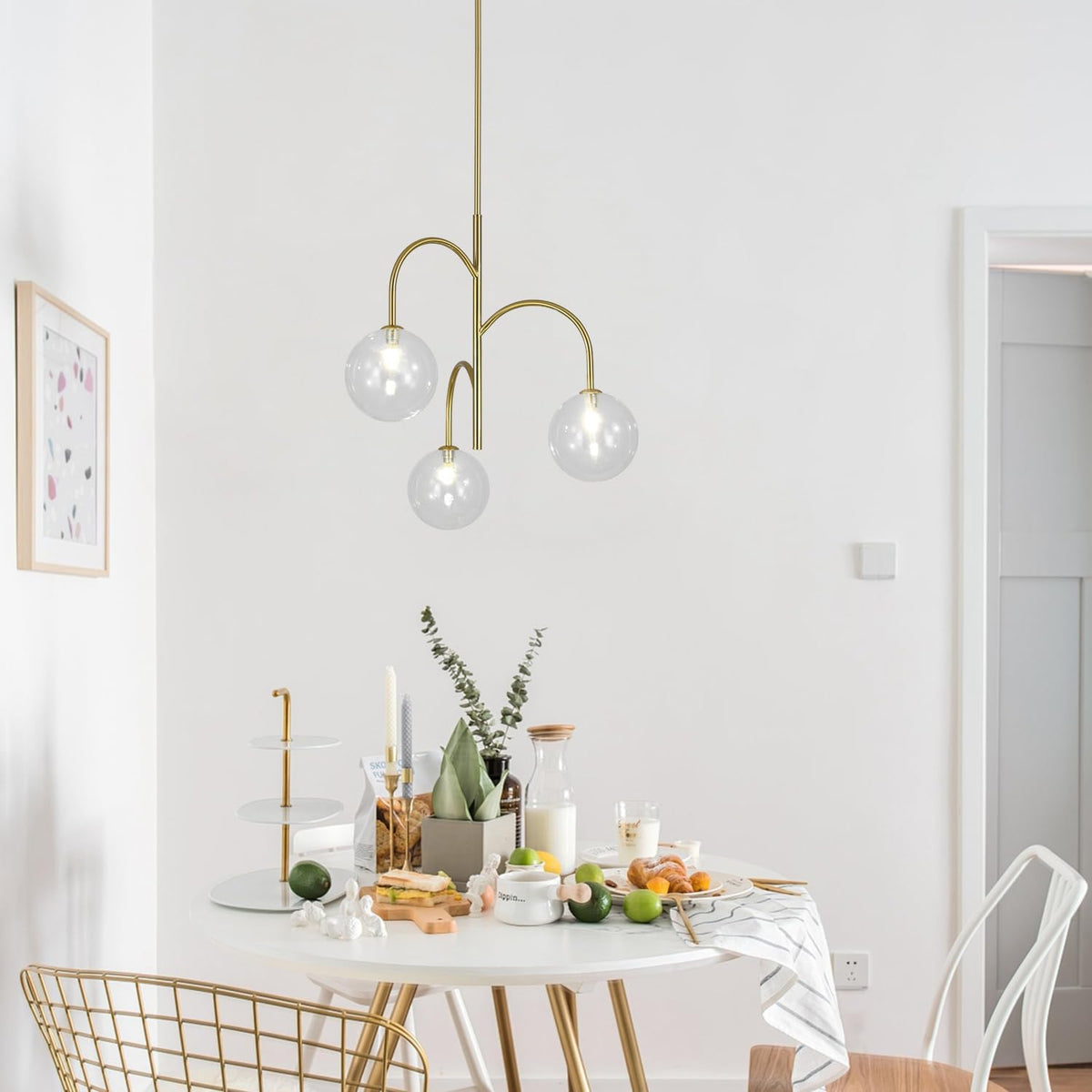 Modern Gold Globe Pendant Lighting 3-Light Clear Glass Bubble Chandelier Mid Century Sputnik Light Fixture Brushed Brass Ceiling Pendant Light for Kitchen Island Living Room