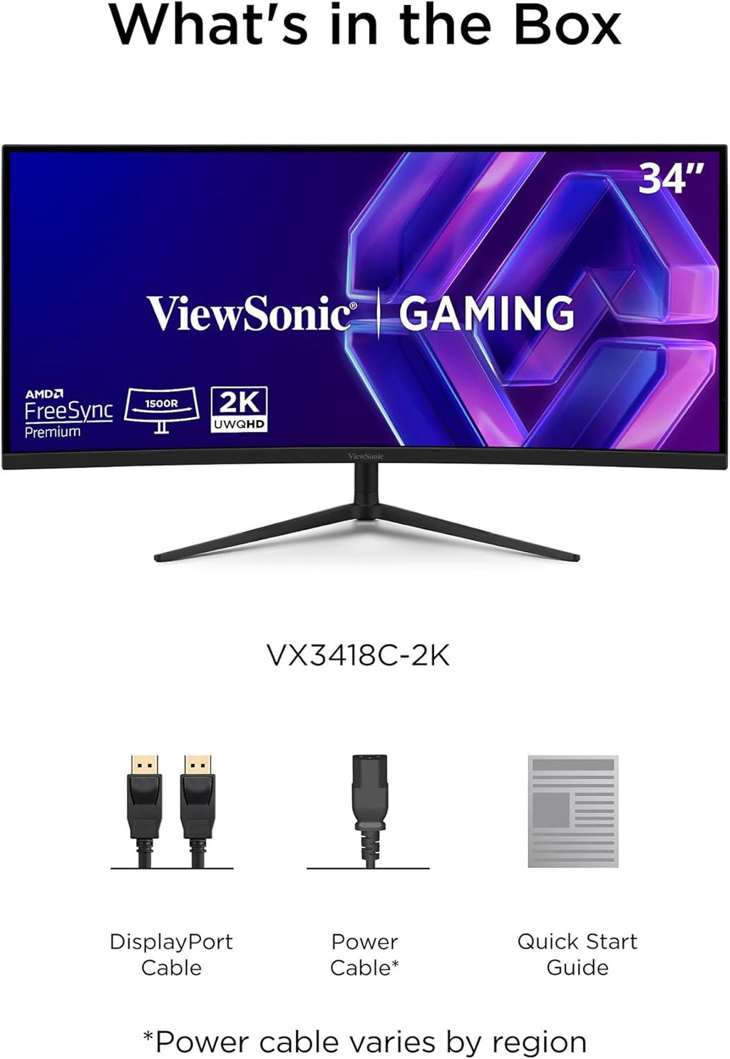 ViewSonic VX3418C-2K 34 Inch UltraWide QHD 1440p Curved Gaming Monitor with 180Hz, 1ms, 21:9, Advanced Ergonomics, FreeSync Premium, HDR10, HDMI, and DisplayPort Inputs (Renewed)