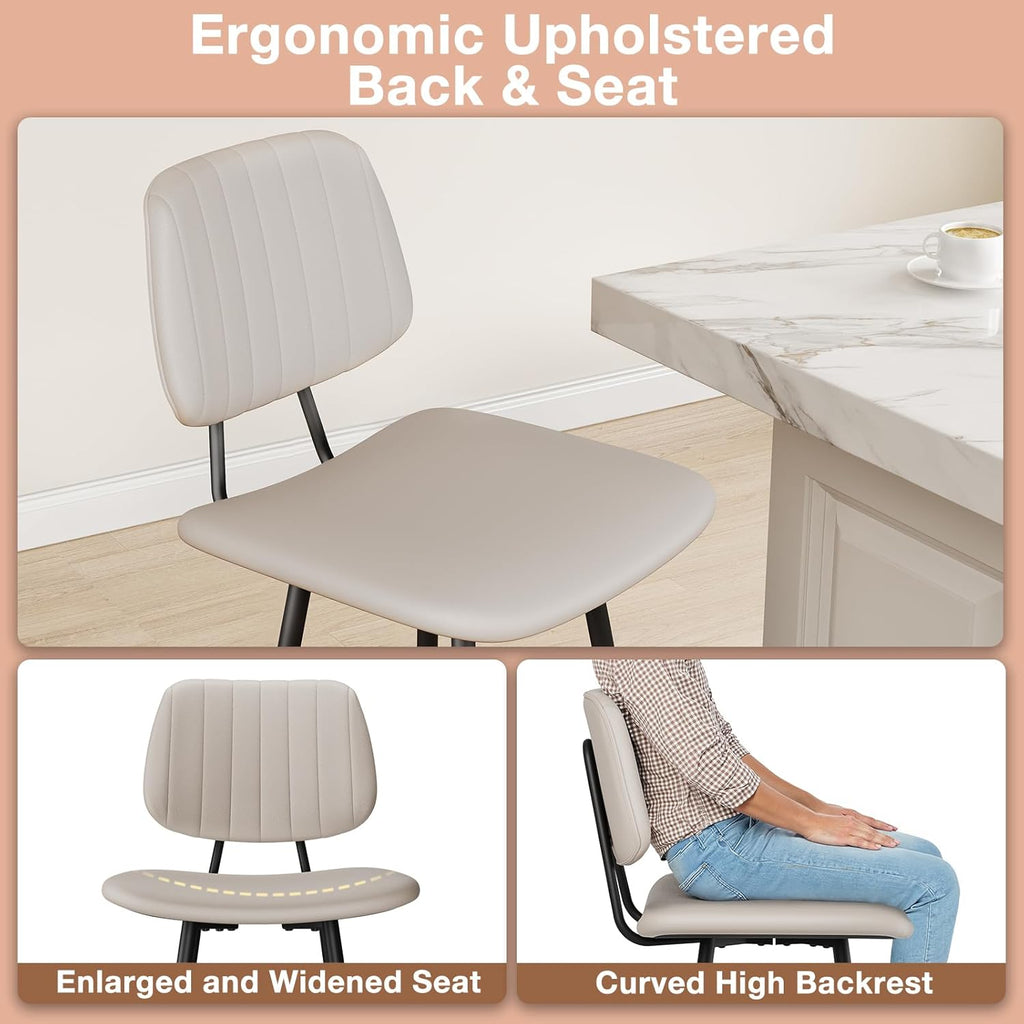 Raynesys 24-Inch Leather Bar Stools Set of 3, Counter Height Barstools with High Backrest .Bar Chairs for Kitchen Island with Heavy Duty Metal Base, Beige