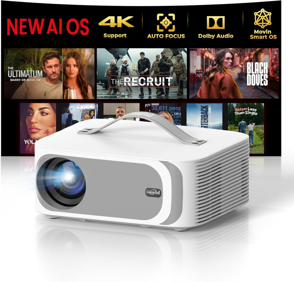 5000+ Official-Apps & AI Auto Focus & 50W Dolby Audio Outdoor-Projector-4k with WiFi and Bluetooth, AI Movin 2.0 OS Smart Projector with HDR10+, Lisowod Portable 4K Proyector 2026 Upgraded