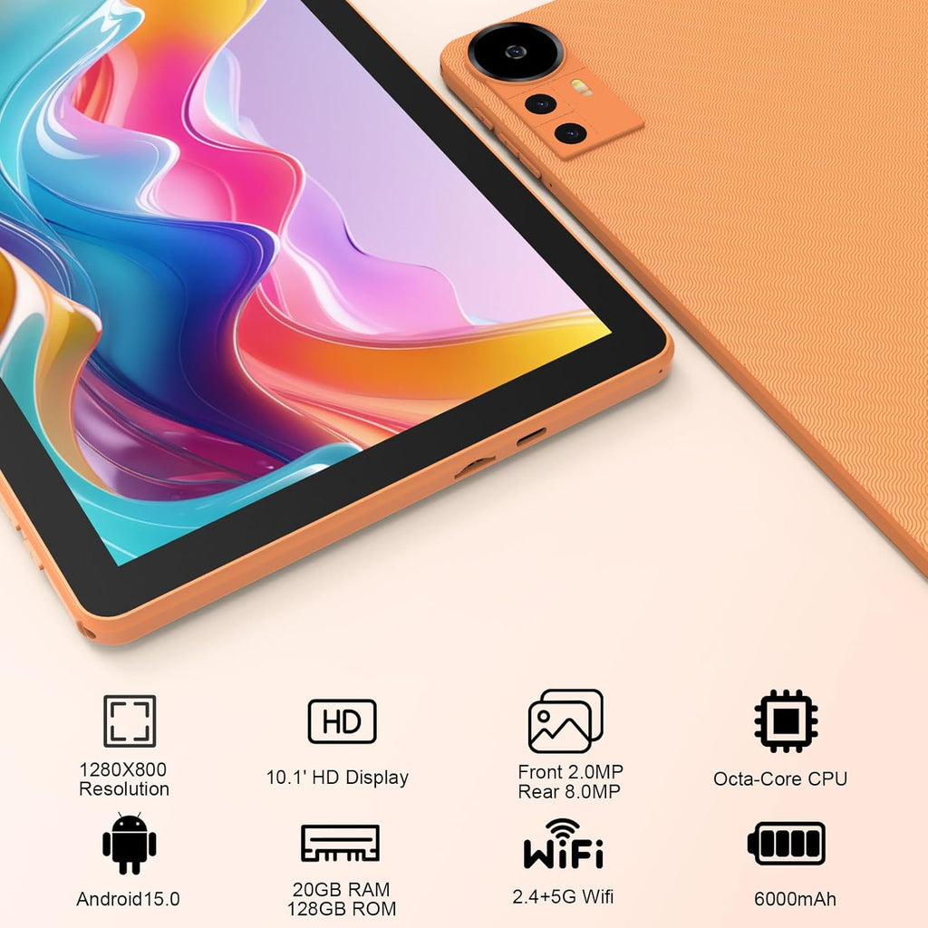 CUPEISI Android 15 Tablet 10 Inch, 20GB RAM+128GB ROM/2TB Expandable, 2.0GHz Quad-core Processor, 1280*800 HD Screen, 5G WiFi6 BT5.0, 2 in 1 Tablets with Keyboard Case Mouse Stylus, Widevine L1 Orange