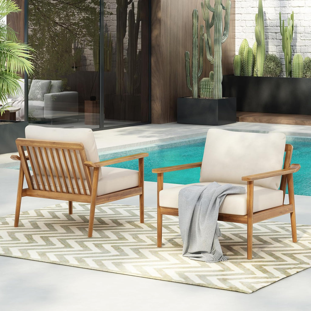 Christopher Knight Home Batis Acacia Wood Lounge Chair Outdoor Set of 2, Wooden Patio Accent Chair Set, Comfy Reading Seat with Removable Cushion, Patio Furniture Set, Teak+Beige