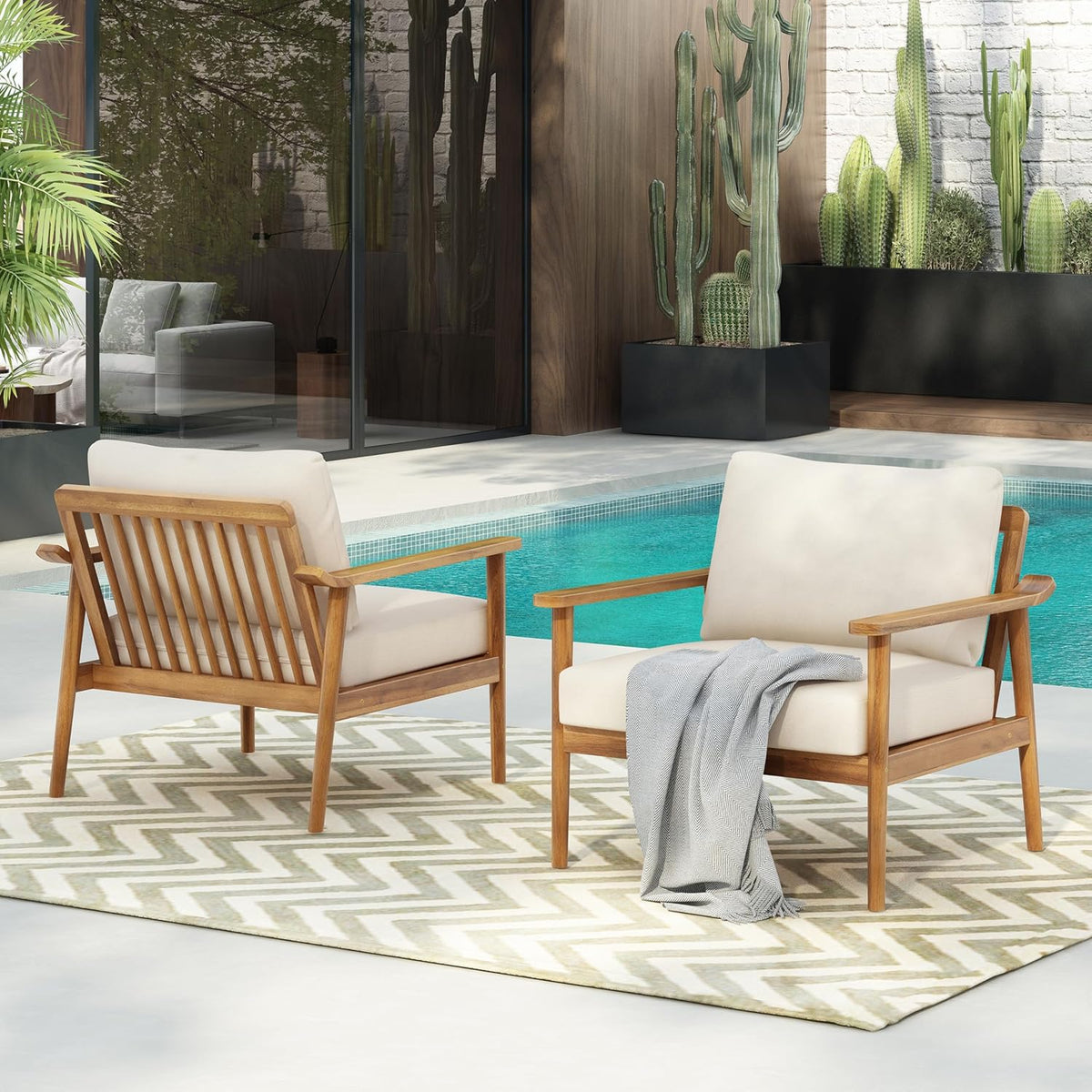 Christopher Knight Home Batis Acacia Wood Lounge Chair Outdoor Set of 2, Wooden Patio Accent Chair Set, Comfy Reading Seat with Removable Cushion, Patio Furniture Set, Teak+Beige