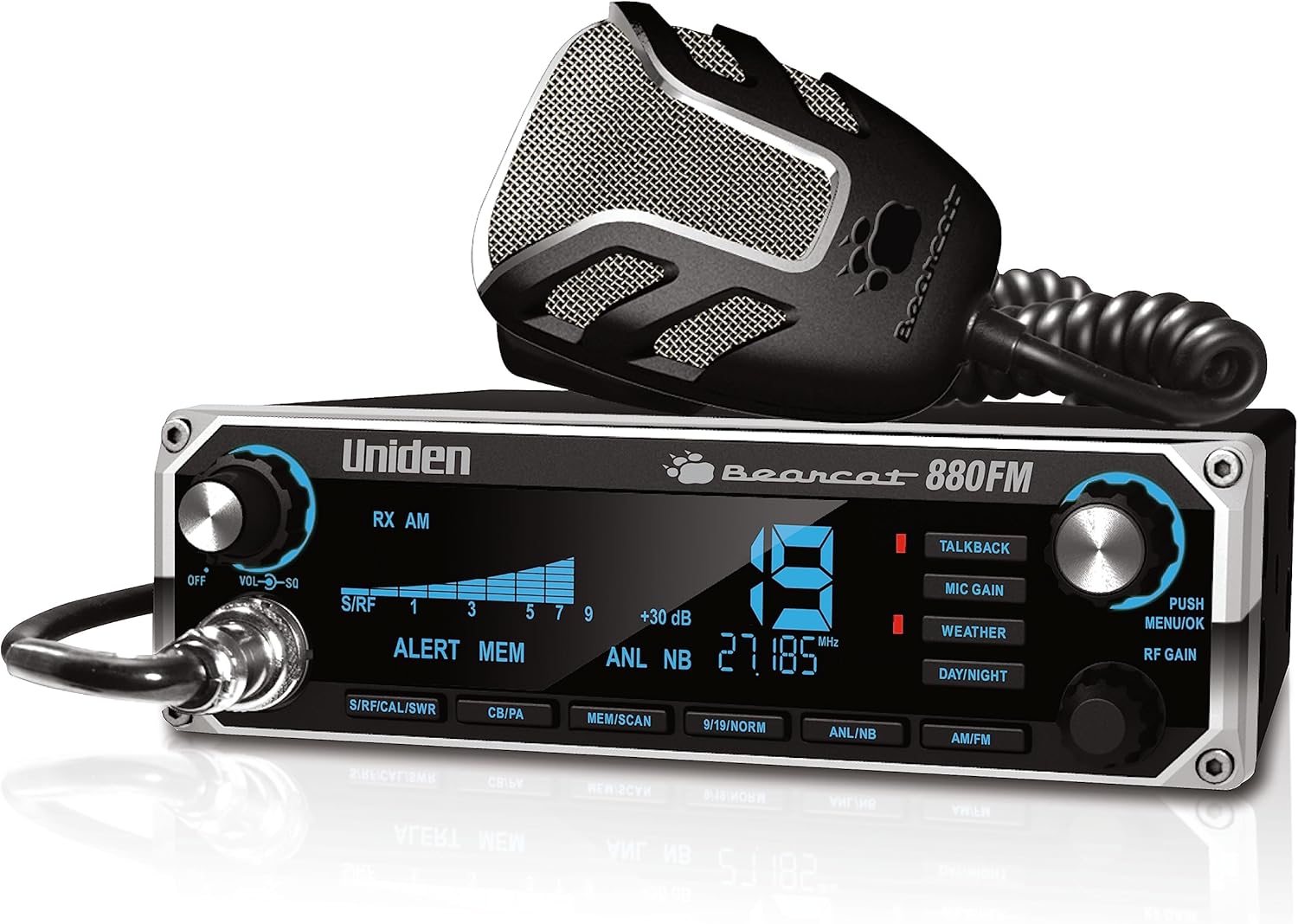 Uniden Bearcat 880FM CB Radio, 40 Channels with Dual-Mode AM/FM, Large Easy-to-Read Backlit 7-Color LCD Display, Backlit Knobs/Buttons, NOAA Weather Alert, PA/CB Switch, and Wireless Mic Compatible