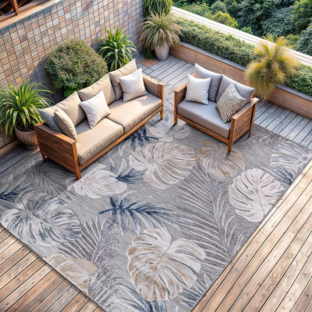 CAMILSON Indoor Outdoor Rug, Blue 7'10”x10' Leaf Tropical Botanical Area Rugs for Indoor and Outdoor patios, Easy-Cleaning Non-Shedding Living Room, Garden and Kitchen Washable Outside Carpet (8x10)