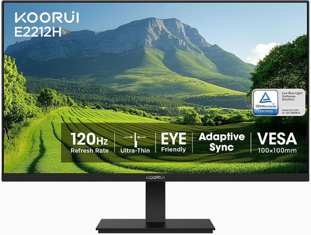 KOORUI New 22 Inch Computer Monitor FHD 1080P 120Hz PC Gaming Screen VA Panel Ultra-Slim Display 4000:1 Contrast Ratio with Adpitive Sync (HDMI/VGA/VESA Compatible 100x100mm/Audio Out), Tilt, Black