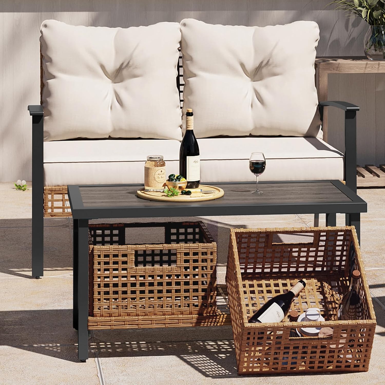 LAUSAINT HOME Outdoor Patio Loveseat with Coffee Table Set of 2, 2 Pieces Comfortable Oversized Wicker Furniture Conversation Set, Rattan Bistro Set for Backyard, Porch, Garden and Poolside, Beige