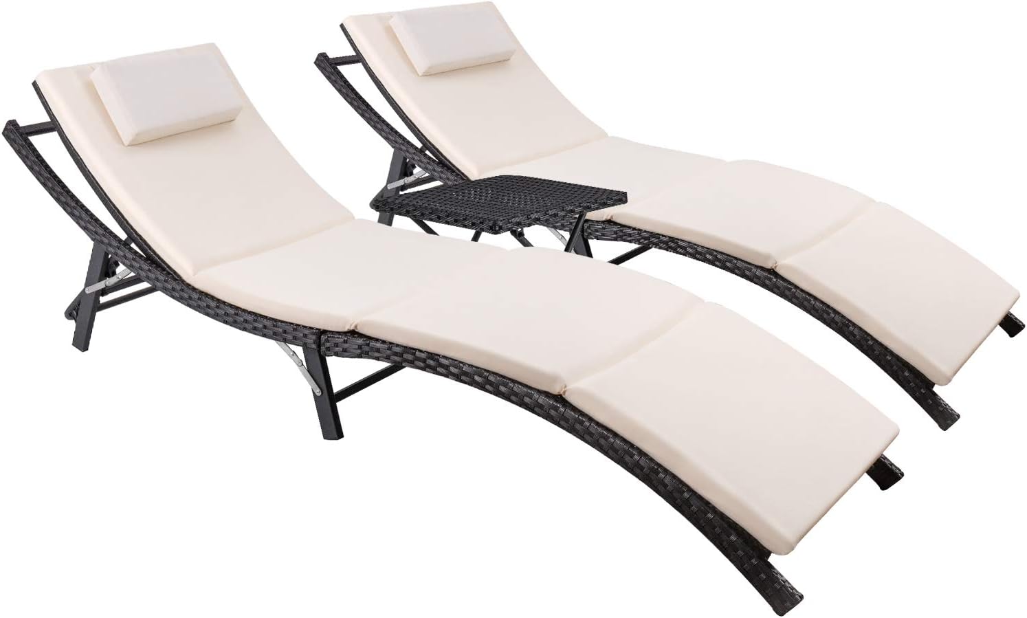 Devoko Patio Chaise Lounge Sets Outdoor Rattan Adjustable Back 3 Pieces Cushioned Patio Folding Chaise Lounge with Folding Table (Beige)