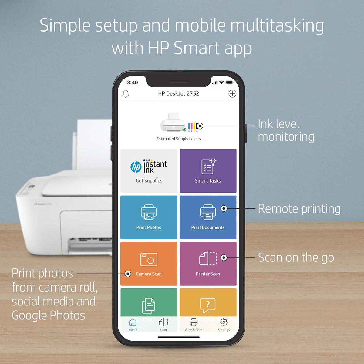 HP DeskJet 2752 All-in-One Color Inkjet Printer Scanner and Copy with Mobile Printing, Wireless Printers for Home and Office, Instant Ink Ready, Dual-Band WiFi, White (Renewed)