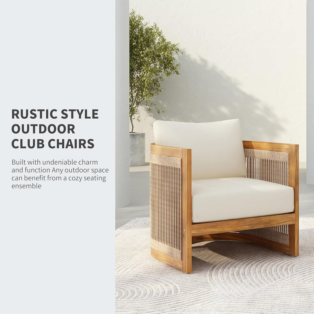 Christopher Knight Home Dora Set of 2 Patio Club Chair with Cushions, Acacia Wood Lounge Chair Outdoor, Woven Accents, Curved Design Side Chair for Balcony Backyard Garden Poolside, Beige + Teak