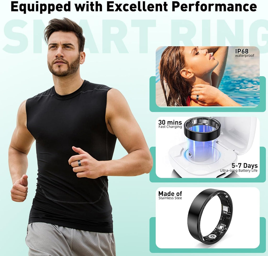 Smart Ring with Sleep Monitoring, Step Counting, Heart Rate, Blood Oxygen for iOS and Android, No Subscription Fee, IP68 Waterproof Health Tracker (Silver, 7)