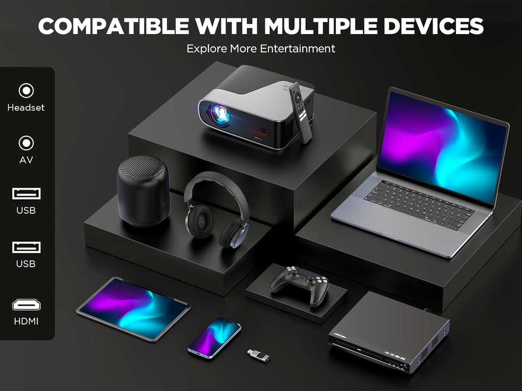 Auto Focus/Auto Keystone Smart Projector with WiFi and Bluetooth, Dolby Audio,DBPOWER Native 1080p Projector, Movie Projector, 50% Zoom with Carry Bag