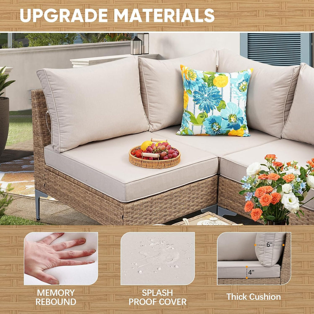 JOYURE 7 Piece Wicker Patio Furniture Set,Outdoor Conversation Sectional Sofa w/Coffee Table,All-Weather Outdoor Sofa with Thick and Anti-Slip Cushions for Deck,Poolside,Garden,Beige