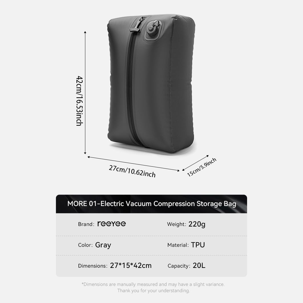 Reeyee Electric Vacuum Compression Bag, 20L Portable Travel Packing Cube with Built-in Pump, Type-C Rechargeable, Waterproof TPU, Saves 60% Space (2, Black)