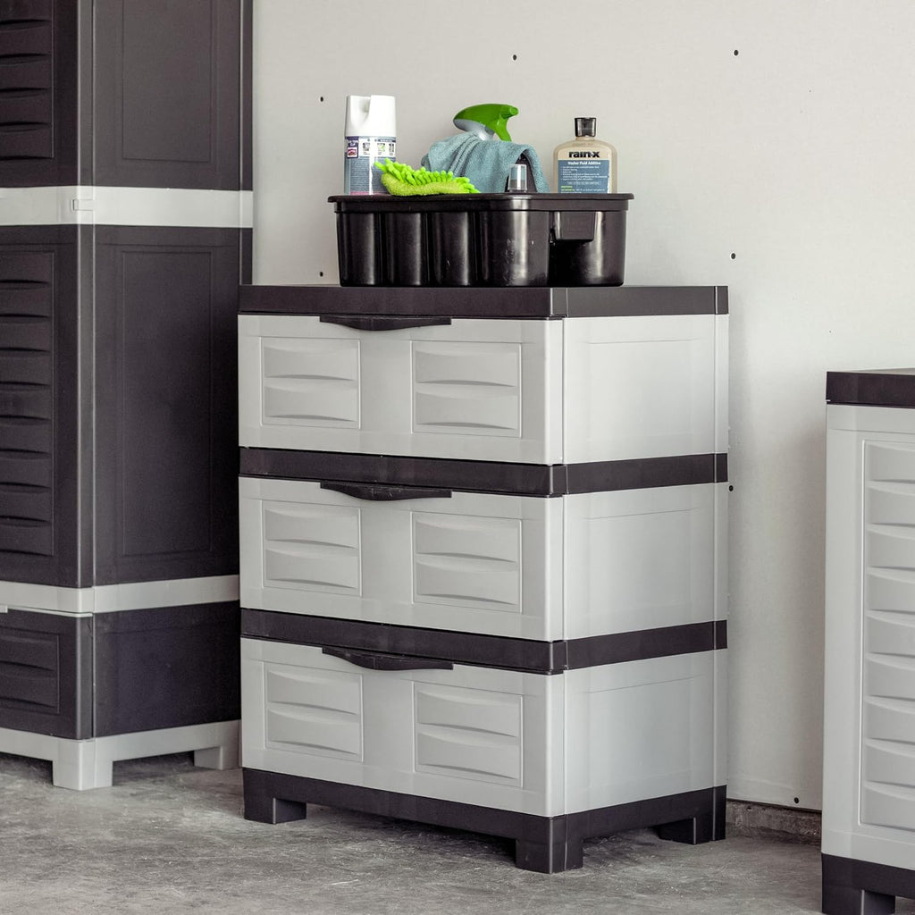 Sunnydaze 29.5" H 3-Tier Storage Cabinet with Drawers - Resin Storage Drawers Organizer - for Garage, Office, Home, Laundry Room - Gray w/Charcoal Trim