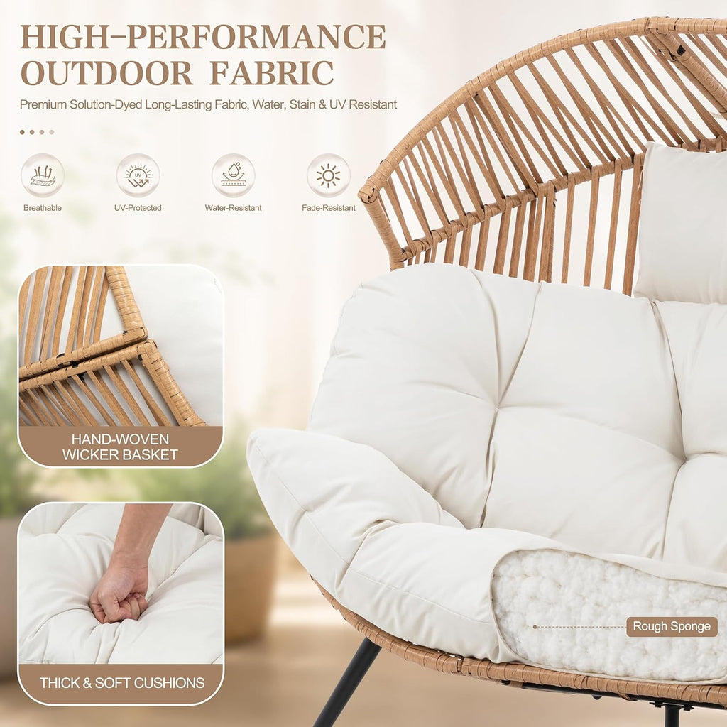 Shintenchi Double Egg Chair Outdoor Rattan Patio Chair with Cushion, Oversized 2 Person Patio Lounge Chairs with Cushion Egg Basket Chair, Egg Seat Indoor Living Room Bedroom Patio Backyard Balcony