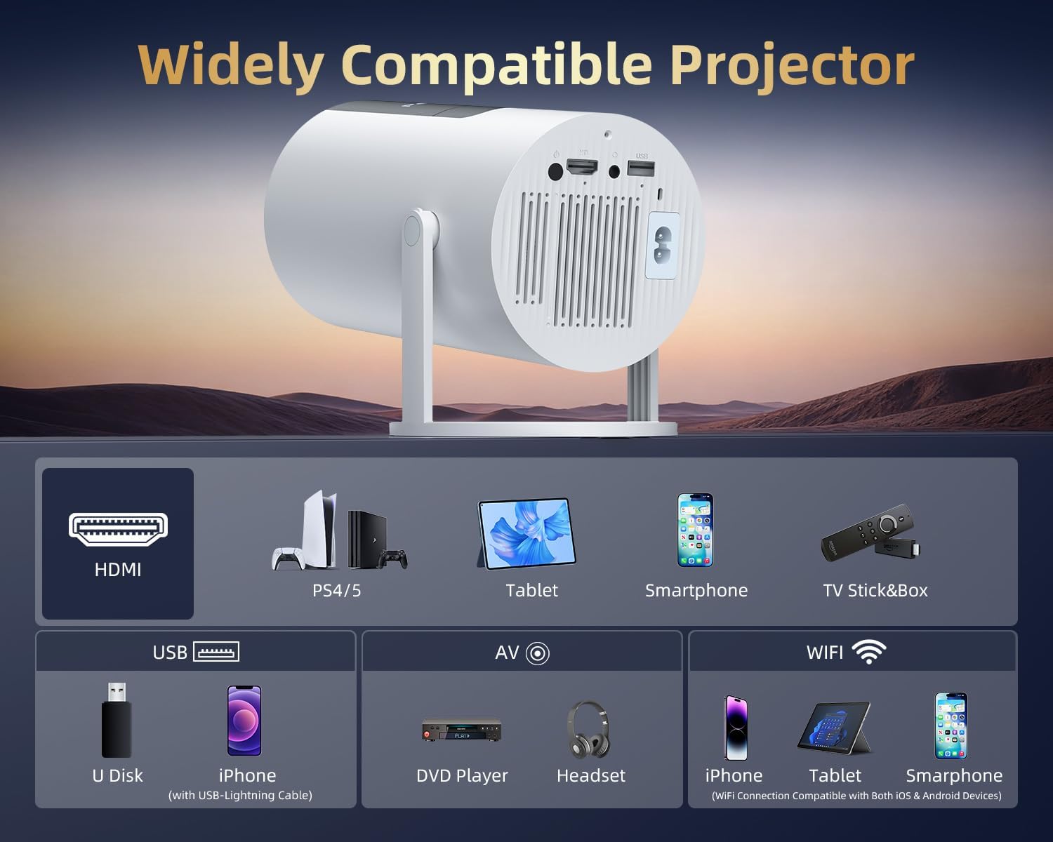 320ANSI/Google Store/Voice Control Smart Projector with WiFi and Bluetooth, 10,000+ Apps, Pericat 4K UHD Home Theater Portable Mini Movie Projector, Indoor & Outdoor Use 180° & Netflix-Compatible