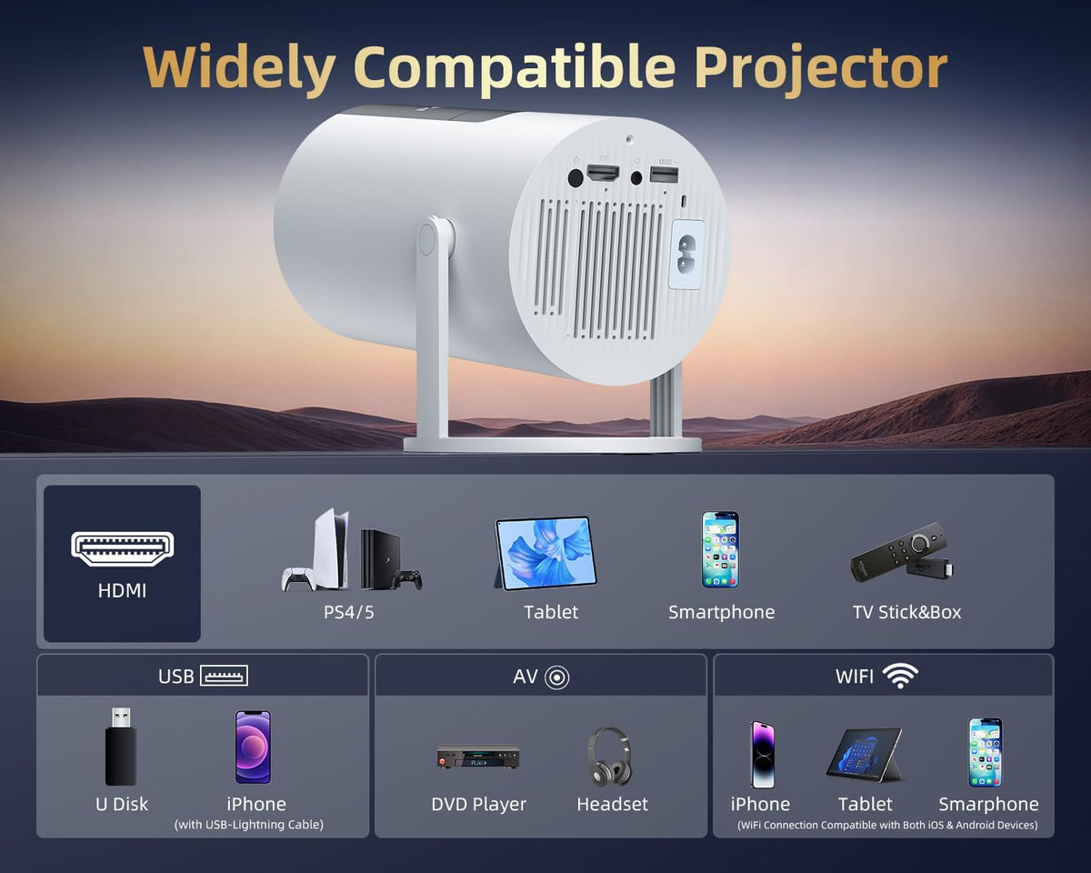 320ANSI/Google Store/Voice Control Smart Projector with WiFi and Bluetooth, 10,000+ Apps, Pericat 4K UHD Home Theater Portable Mini Movie Projector, Indoor & Outdoor Use 180° & Netflix-Compatible
