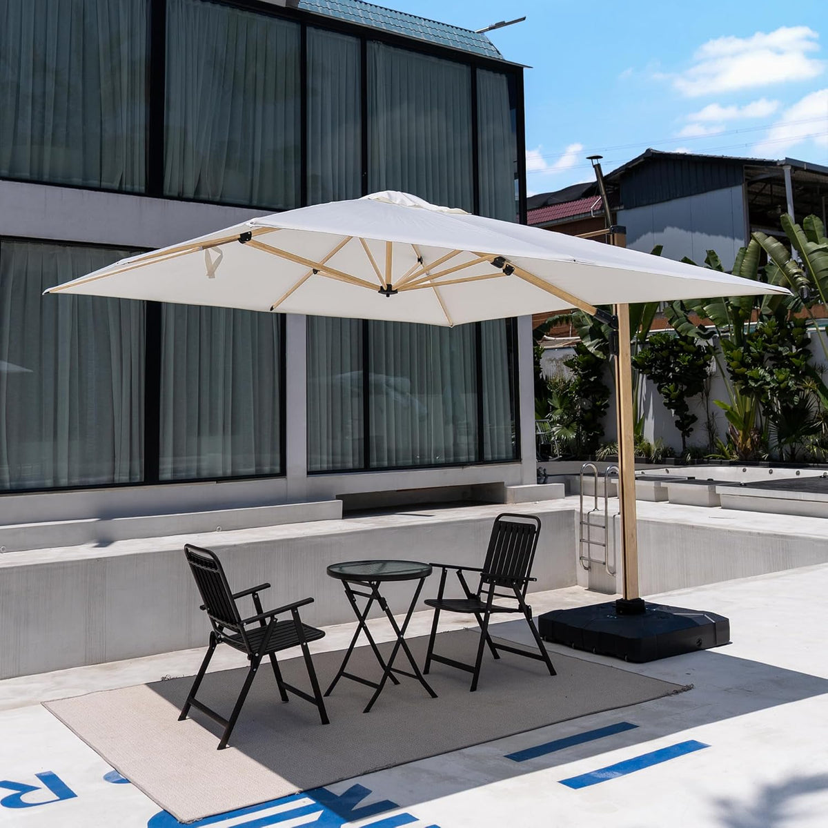 PURPLE LEAF 11FT Patio Umbrella Square Cantilever Umbrella Teak Finished Aluminum Frame Large Windproof Offset Outdoor Sun Umbrellas for Beach Pool Deck, Cream