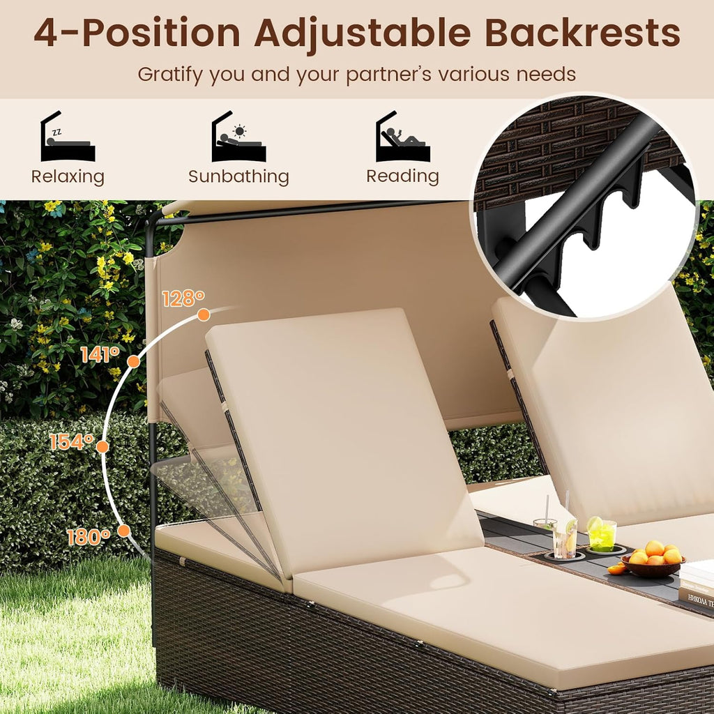 Tangkula Outdoor Rattan Daybed with Canopy & 4-Level Adjustable Backrests, 2-Person Wicker Patio Day Bed with Cushions, Table & Cup Holders, Double Sunbed Lounger for Balcony, Backyard & Poolside