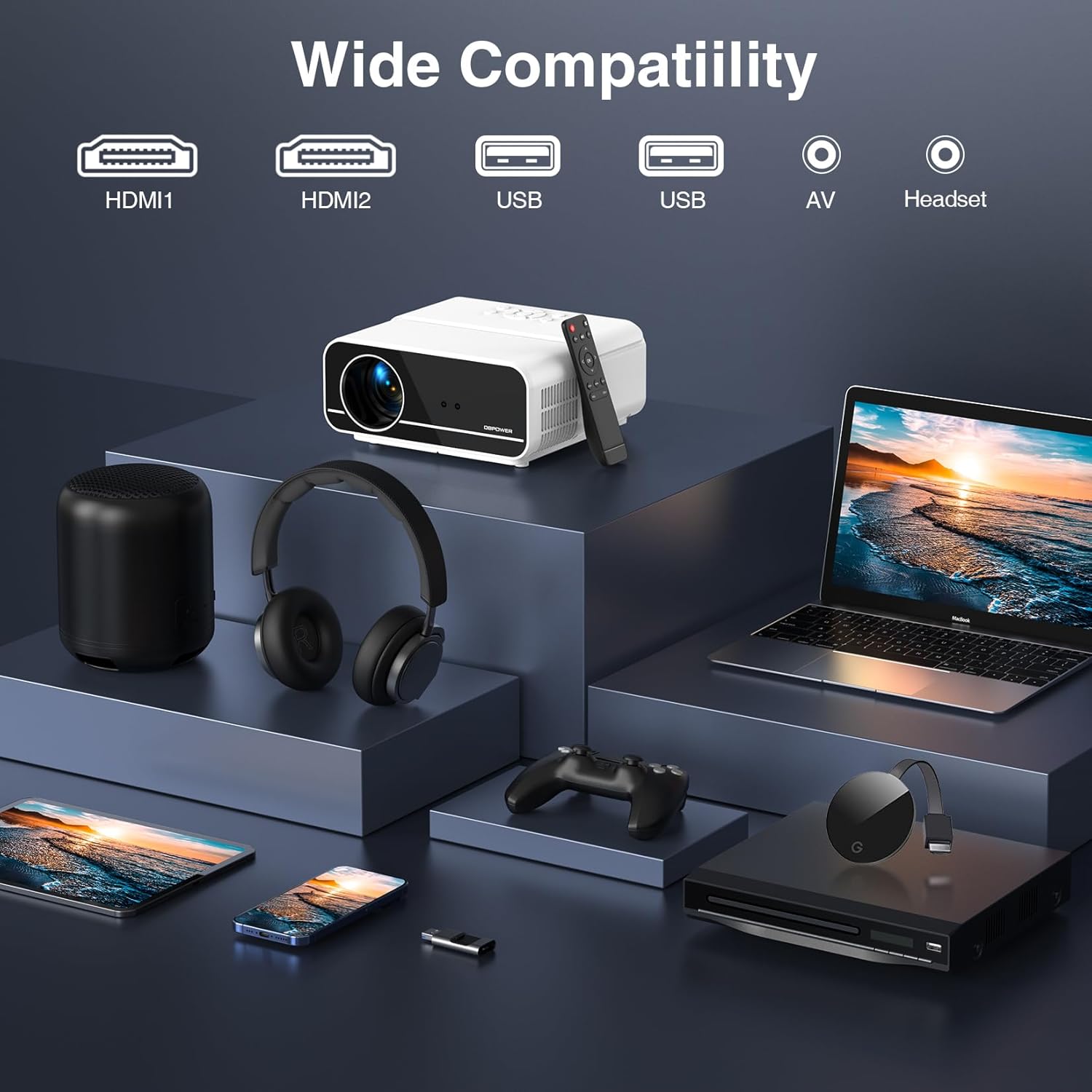 Auto Focus/4K Support Projector with WiFi and Bluetooth, Native 1080P Outdoor Movie Projector with Auto Focus/4P6D Keystone/50% Zoom/PPT, DBPOWER Portable Projector for iOS/Android/TV Stick