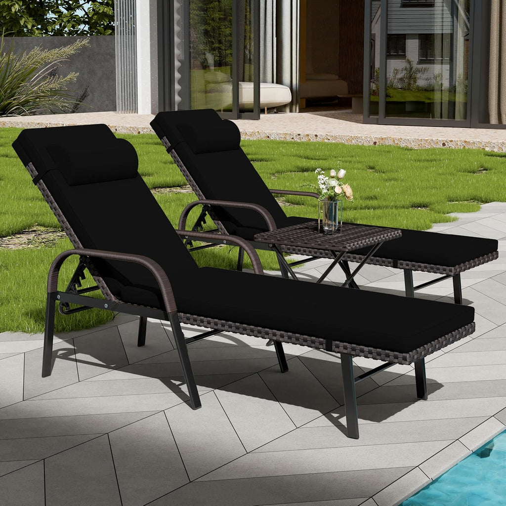 Patio Chaise Lounge Set 3 Pieces Outdoor Lounge Chair with Rattan Adjustable Backrest Armrest and Folding Table for Beach Patio,Sand, for Poolside Backyard Porch