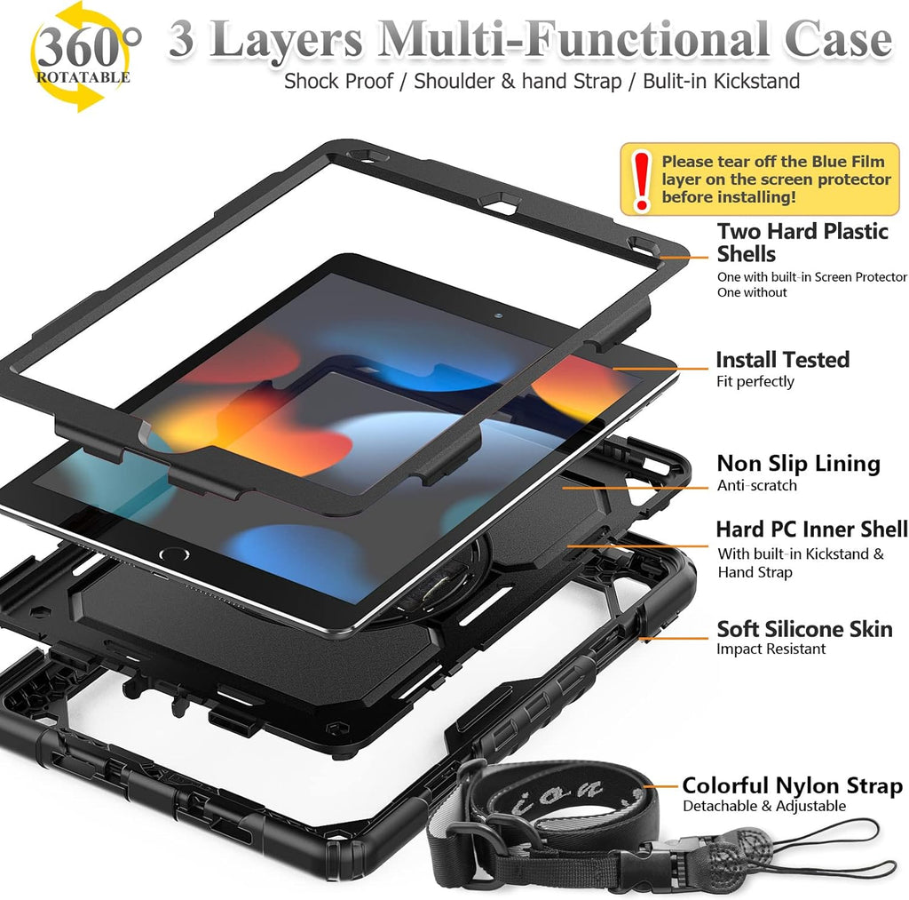 SEYMAC stock Case for iPad 9th/ 8th/ 7th Generation 10.2'', Shockproof with Screen Protector, Pencil Holder 360° Rotating Hand Strap & Stand, for iPad 10.2 inch 2021-2019 (Black)