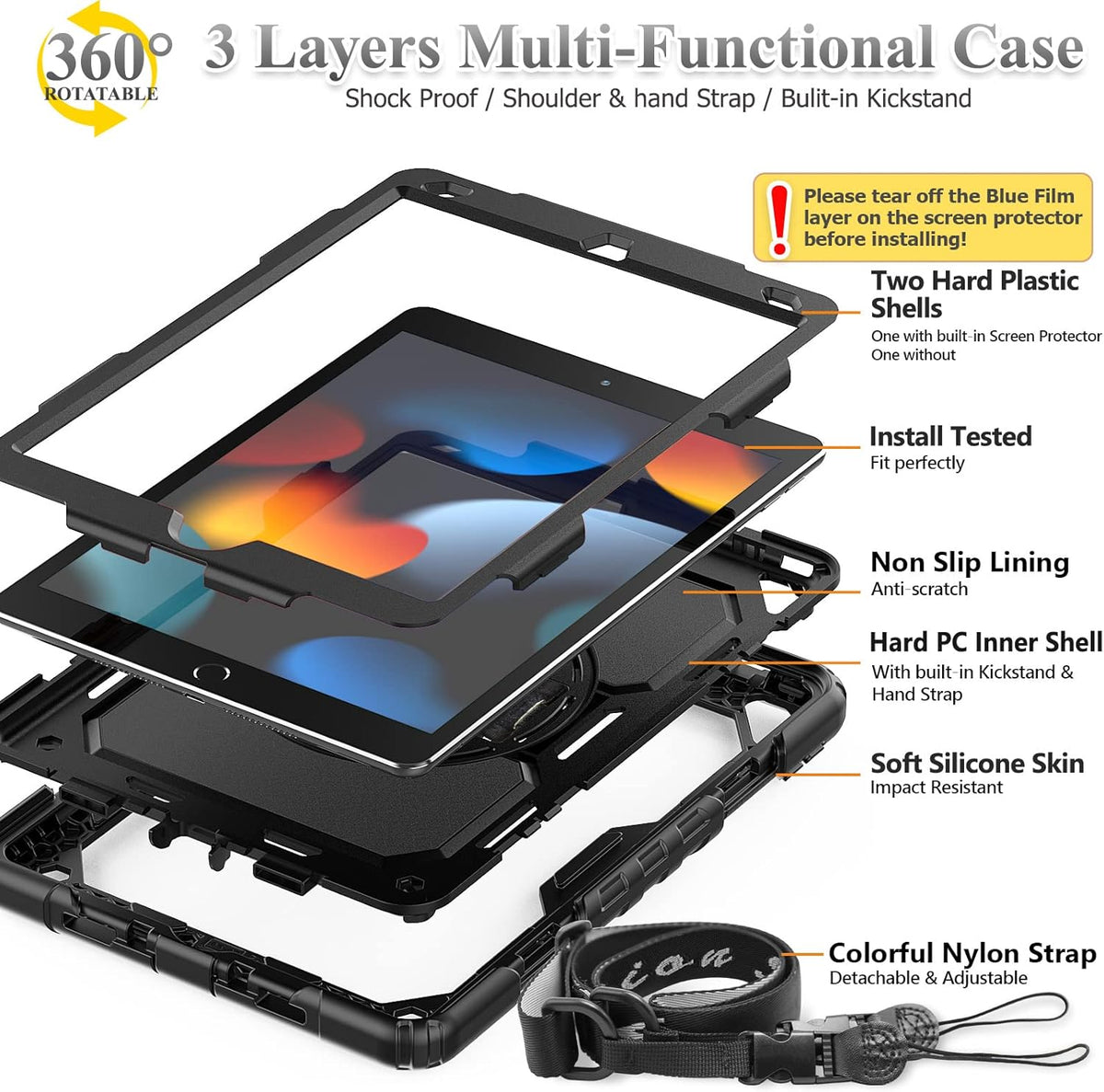 SEYMAC stock Case for iPad 9th/ 8th/ 7th Generation 10.2'', Shockproof with Screen Protector, Pencil Holder 360° Rotating Hand Strap & Stand, for iPad 10.2 inch 2021-2019 (Black)