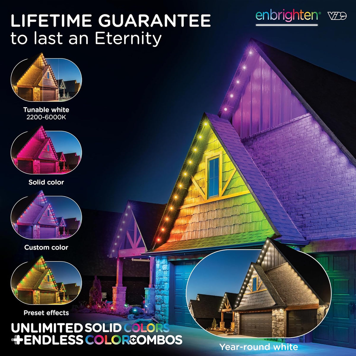 Enbrighten Eternity Permanent Outdoor Lights, 100ft with 72 RGBWIC LED Lights, App‑Controlled, Cuttable, Christmas, Accent & Year‑Round Eave Lighting, Works with Alexa & Google Home, 81103
