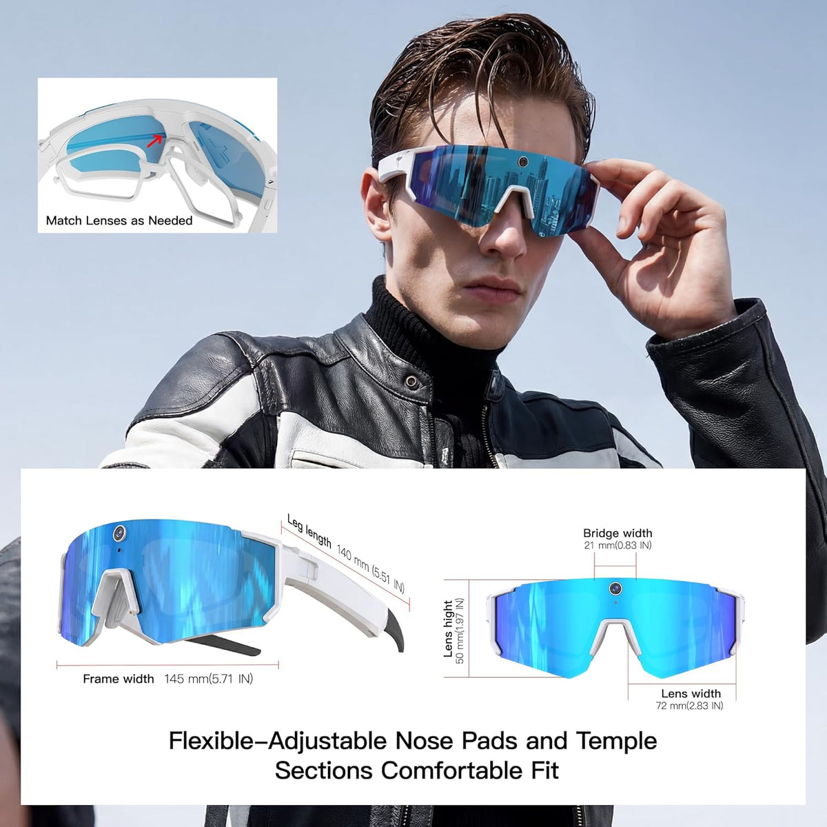 Sport AI Smart Glasses with Camera and EIS Stabilization, Bluetooth 8MP HD Camera 1200P Video Recording, AI Voice Assistant Photo Recognition, Real-Time Translation, Polarized Lenses Sunglasses