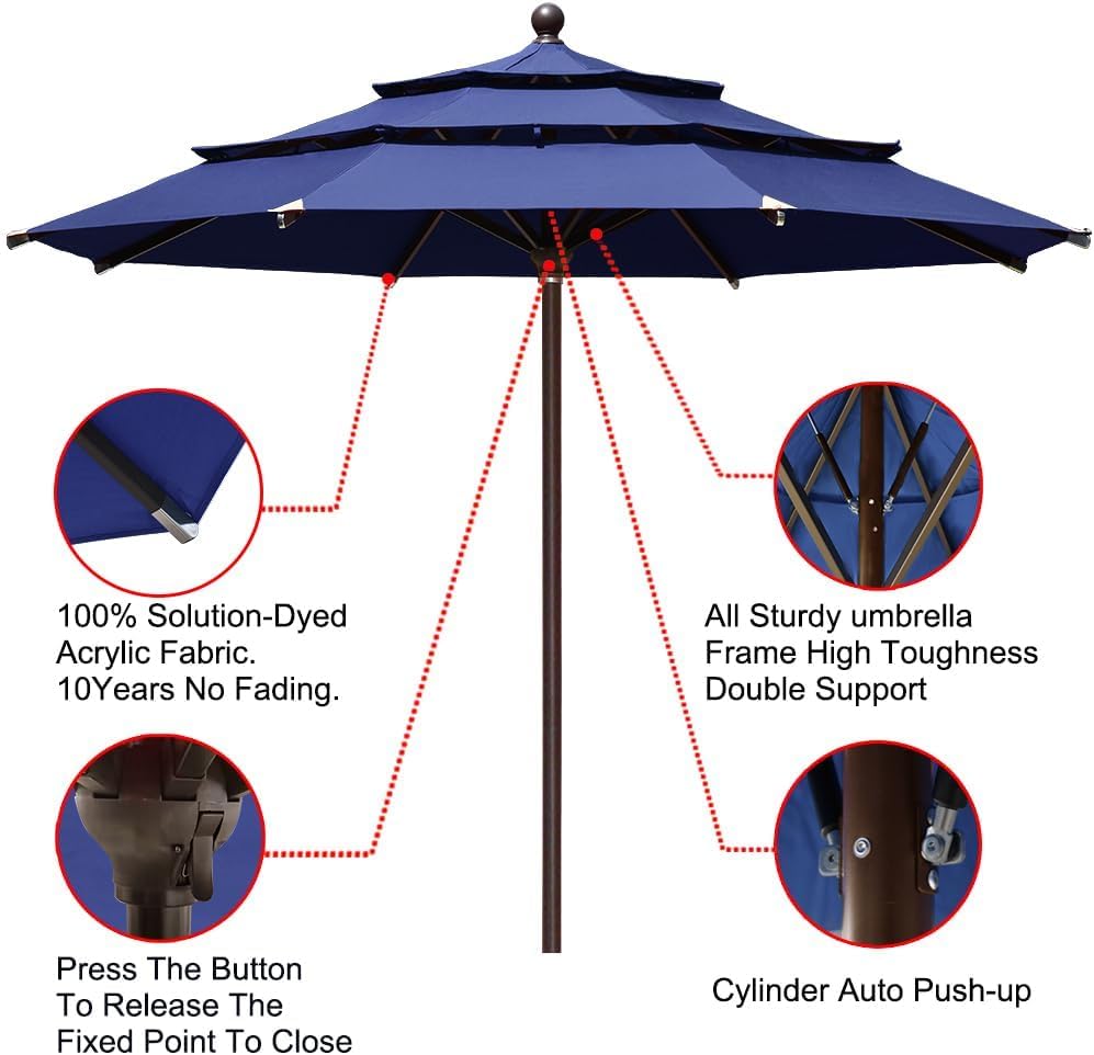 EliteShade USA 10-Year-Non-Fading 11ft 3-Tier Market Patio Umbrella, Commercial Grade Outdoor Table Umbrella with Cylinder Push-Up, Windproof & UPF 50+ UV Protection, Heavy Duty Ventilation for Garden, Deck, Pool, Backyard, Beach & Bistro, Navy Blue