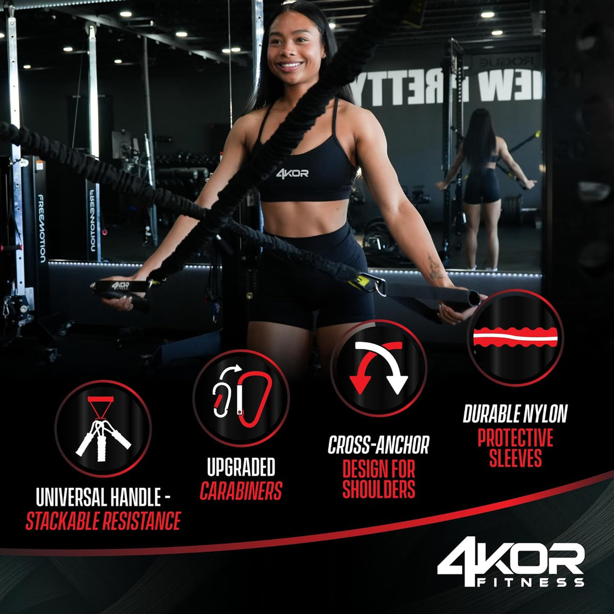 4KOR Deluxe Shoulder and Full Body Cross Anchored Resistance Cord System with Interchangeable Handles, Foot Straps, and Workout Guide. Exercise Bands with Nylon Sleeves, Anchors, and Carry Bag