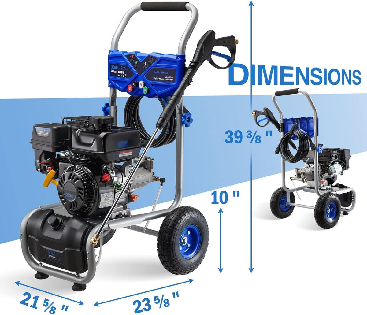 3500PSI Gas Pressure Washer, 2.3GPM Gas Powered High Pressure Washer with 209CC Engine, 4 Adjustable Nozzles, 25 ft High Pressure Hose for Cleaning Walls, Terraces, Vehicles, Garden (Blue)