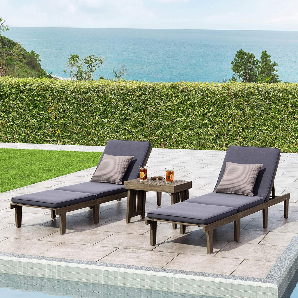 Christopher Knight Home Elliott Outdoor Acacia Wood 3 Piece Chaise Lounge Set, Gray Finish, Dark Gray
