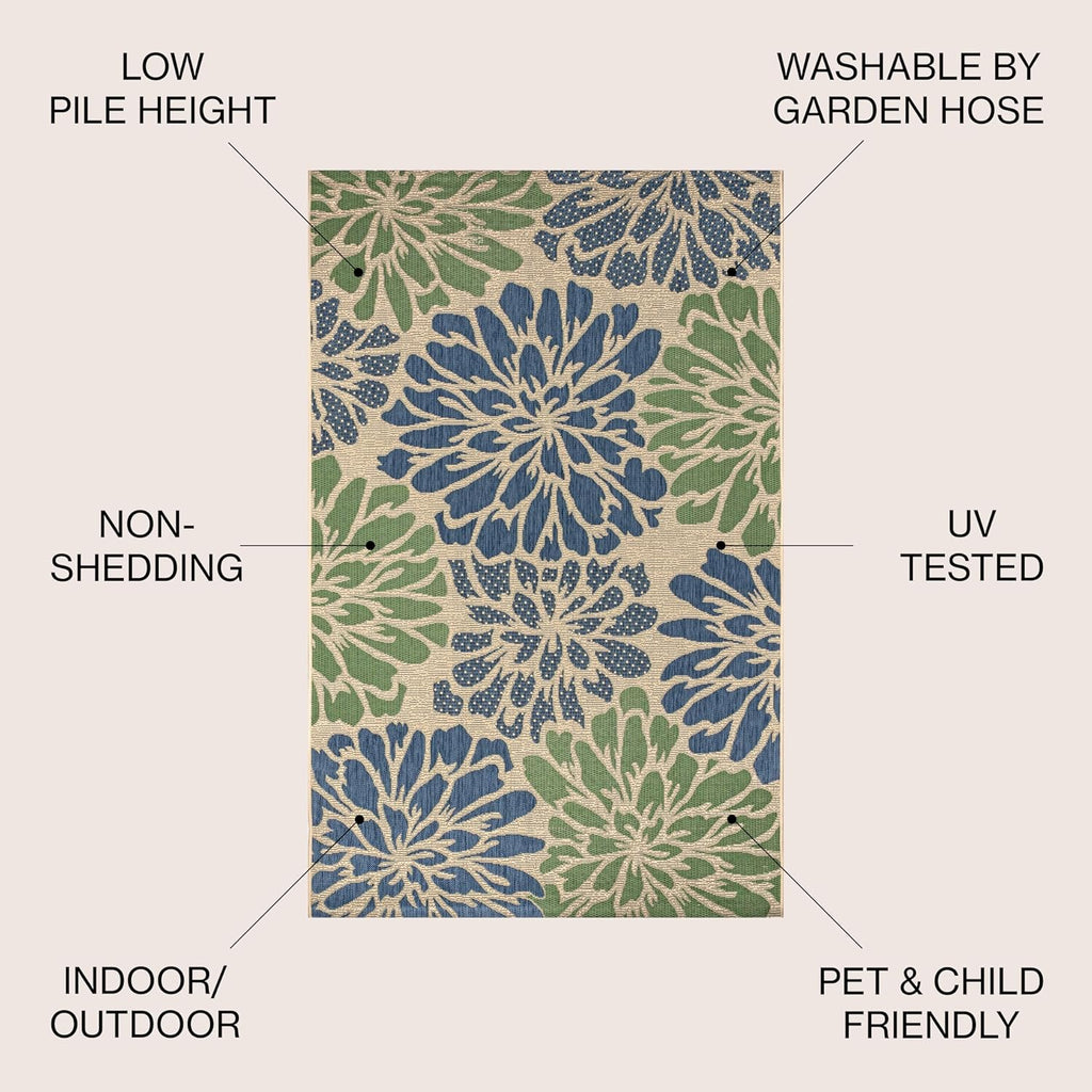JONATHAN Y Floral Textured Weave Indoor Outdoor Area Rug 8X10 Navy/Green, Zinnia Modern for Backyard, Patio, Porch, Easy-Cleaning, High Traffic, Pet-Friendly, Non-Shedding (SMB110B-8)
