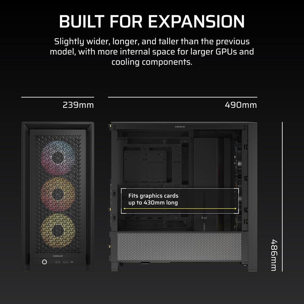 CORSAIR 4000D RS ARGB Frame Modular Mid-Tower ATX PC Case, High Airflow, 3X Pre-Installed RS Fans, InfiniRail™ Mounting System, ASUS BTF, MSI Zero, Gigabyte Stealth, Black