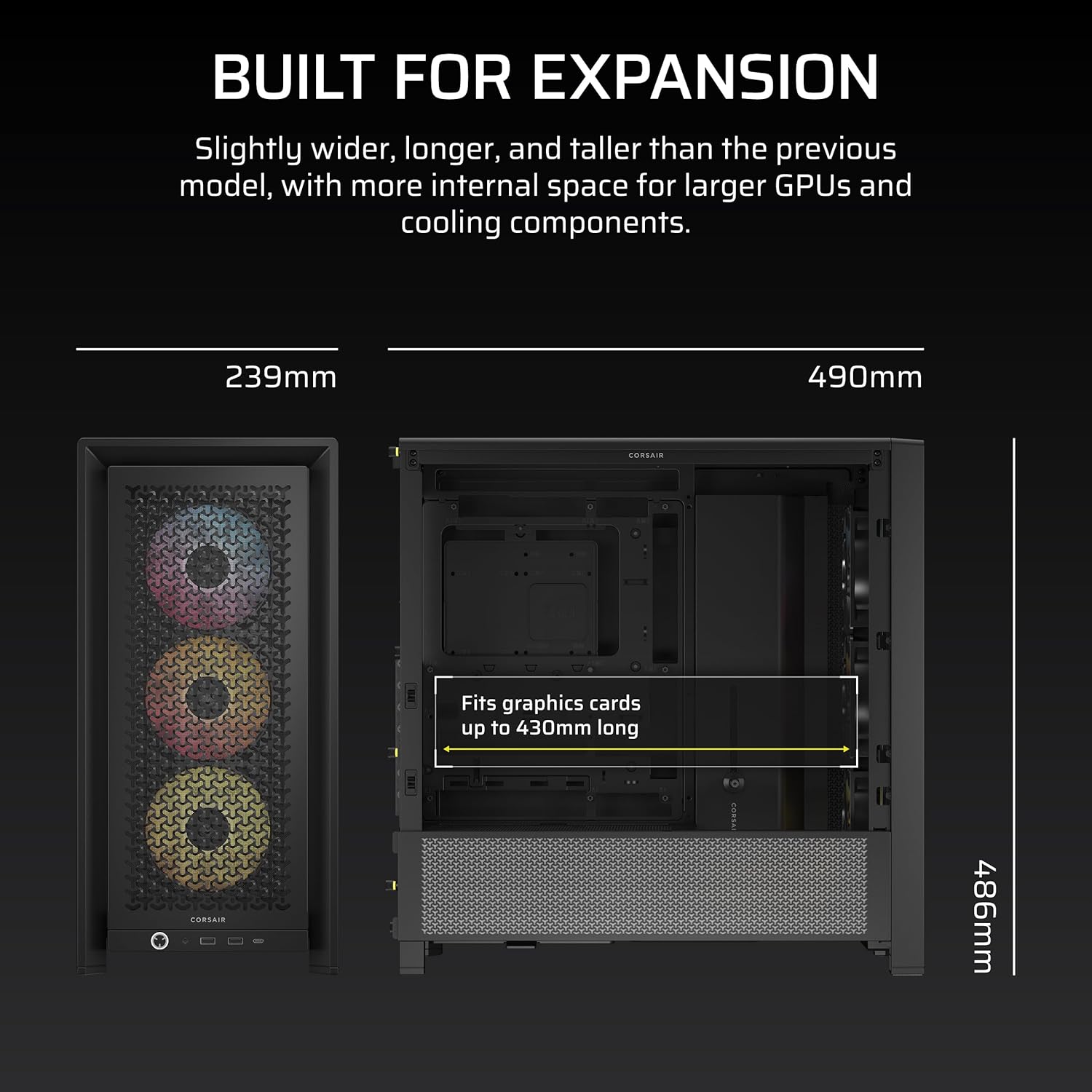 CORSAIR 4000D RS ARGB Frame Modular Mid-Tower ATX PC Case, High Airflow, 3X Pre-Installed RS Fans, InfiniRail™ Mounting System, ASUS BTF, MSI Zero, Gigabyte Stealth, Black