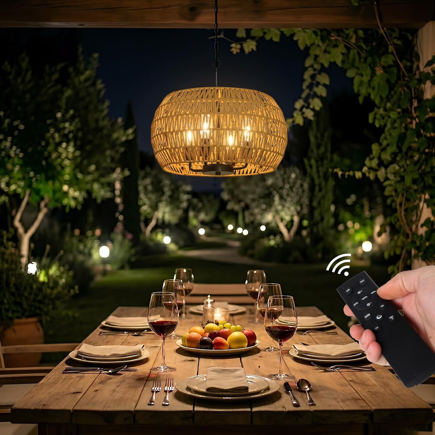 Solar Lights Outdoor Chandelier with Remote & Dimmable LED Bulb, Rattan Solar Powered Outdoor Lights for Patio, Indoor Boho Hanging Pendant Light Fixture, Garden Lights for Porch Gazebo Patio Yard