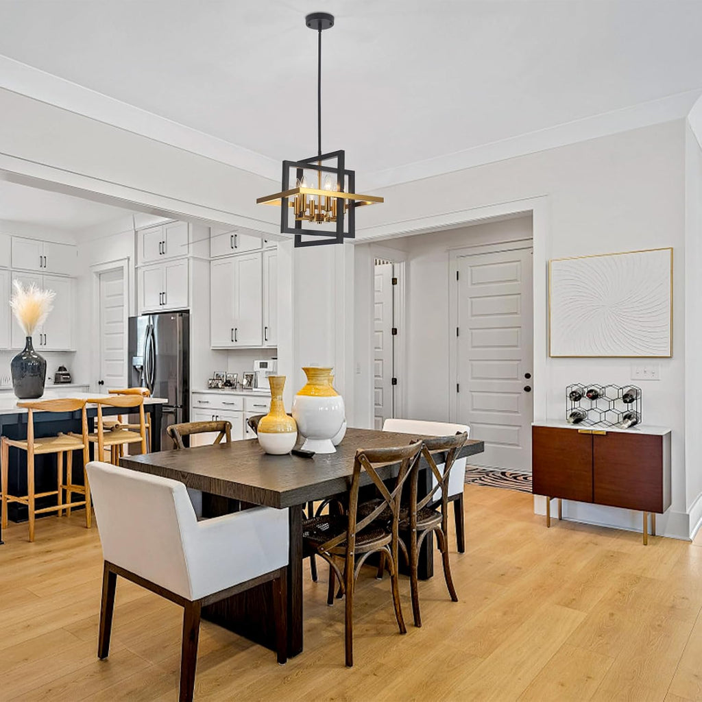 Small Black and Gold Chandelier- 6 Lights Geometric Pendant Light Fixture, Modern Industrial Chandeliers Hanging Lights for Entryway Dining Room Living Room Kitchen Island Hallway Foyer