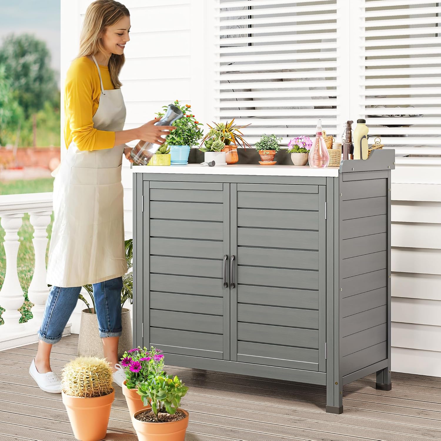 YITAHOME Outdoor Garden Potting Bench with Storage Cabinet, Metal Tabletop & Removable Shelf, Wooden Planting Workstation for Patio, Garden, Yard (Grey)
