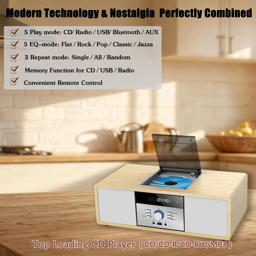 Bluetooth Stereo System for Home with CD Player, Vintage Wooden Hi-Fi Music System with Bluetooth, FM Radio, AUX & USB Input, Remote Control, Compact Radio & Stereo