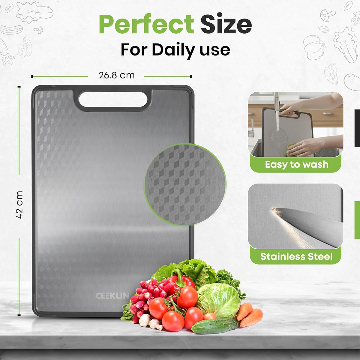 Double Sided Cutting Board – Stainless Steel & Wheat Fiber Reversible Chopping Board, Non-Porous Metal Side & Lightweight Prep Board for Meat, Vegetables & Daily Kitchen Use
