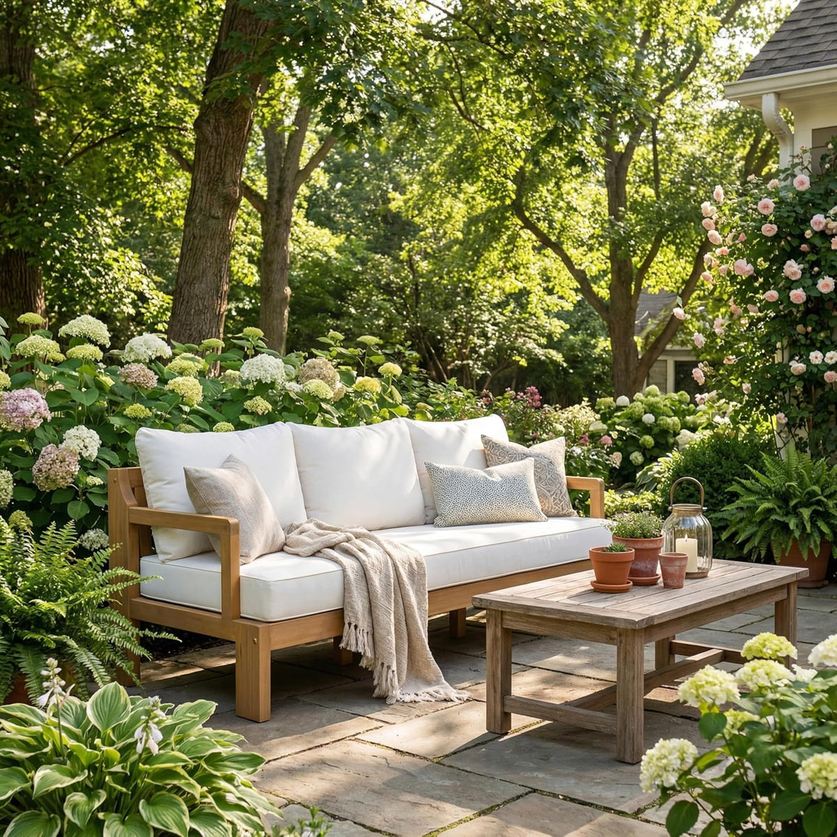 Christopher Knight Home Bayah Acacia Wood Outdoor 3 Seater Sofa with Cushion, Solid Wood Patio Sofa with Removable Cushion, Comfy Lounge Sofa for Patio Furniture Set, Natural Teak+Beige
