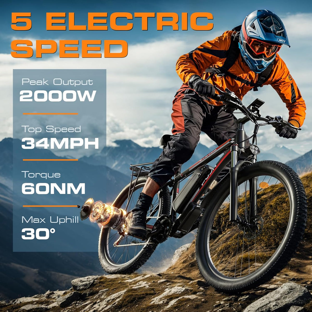 2000W Electric Bike for Men Women 48V 840Wh Battery, 29'' Fast Ebike,Max 34 Mph Speed up to 80 Miles, Front Suspension Class 3, Snow Off Road Commuter Mountain E-Bike for Adults