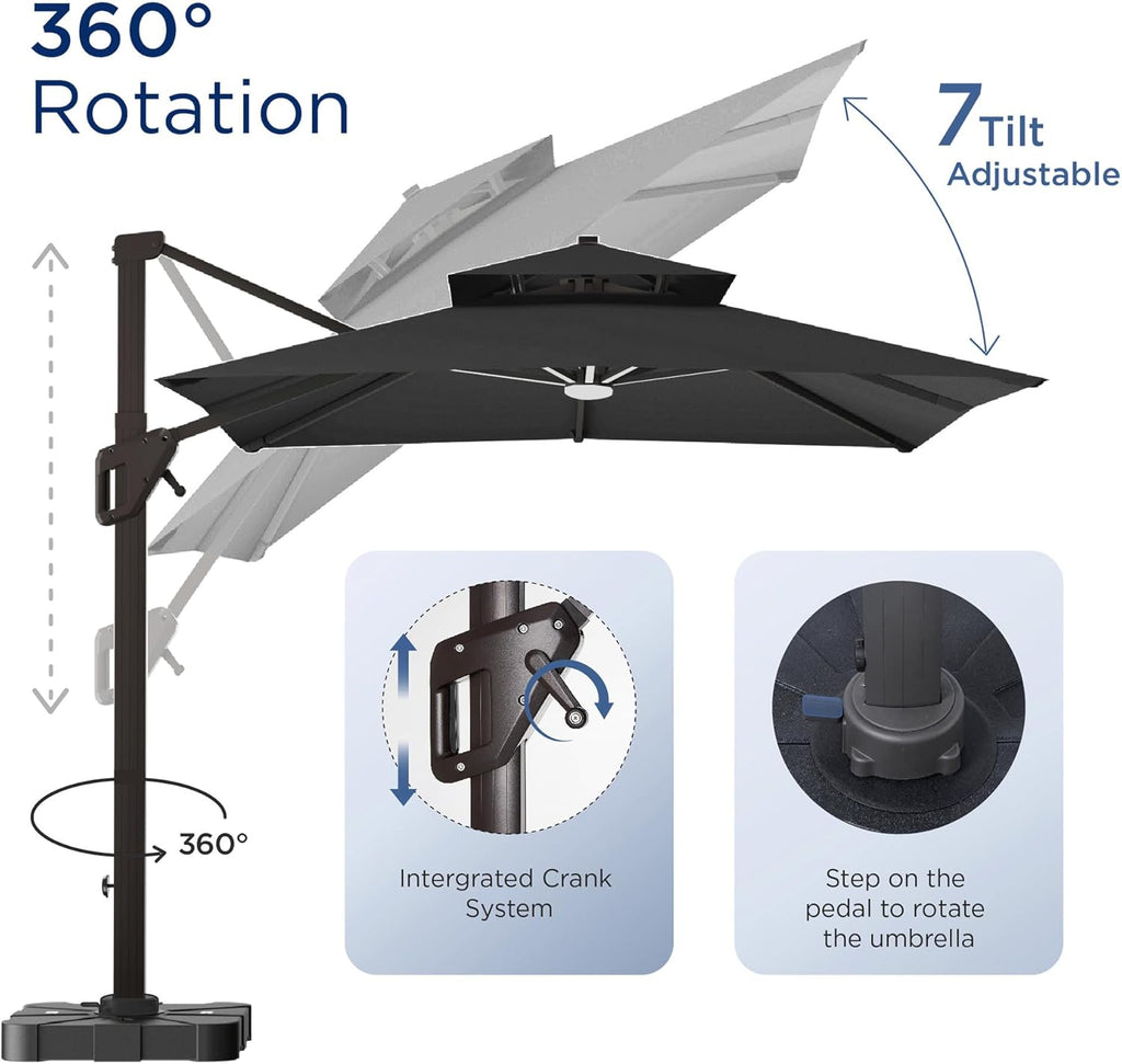 Deconk 10' X 13' Patio Umbrella with LED Lights Outdoor Cantilever Large Rectangle Offset Umbrellas Heavy Duty Aluminum Double Top with 360-degree Rotation for Pool Garden Deck, Black