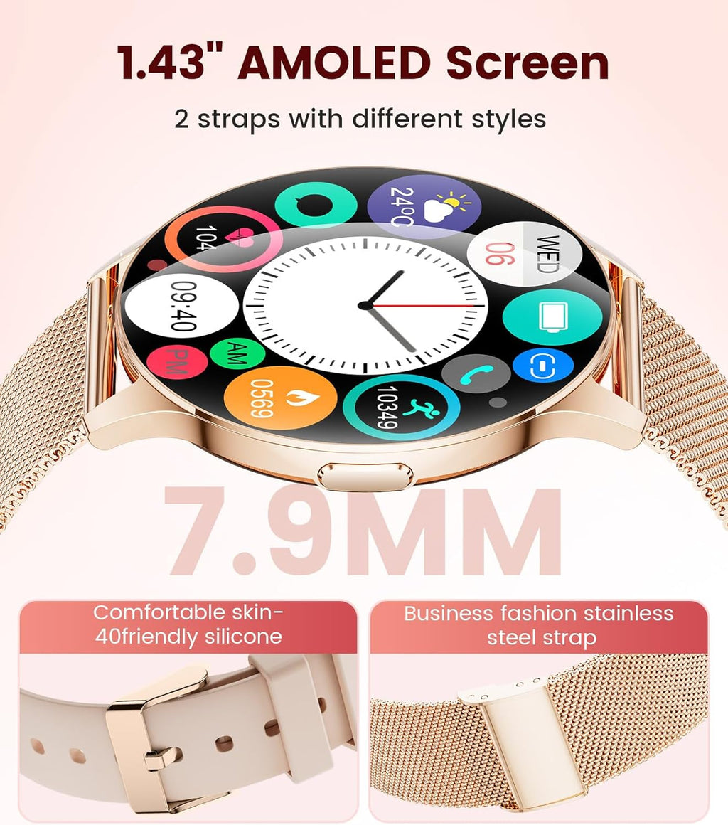 LIGE Smart Watch for Women with Make/Answer Call, 1.43'' HD AMOLED Fitness Tracker for Android iOS, Smartwatch with 110+ Sport Modes, IP68 Waterproof