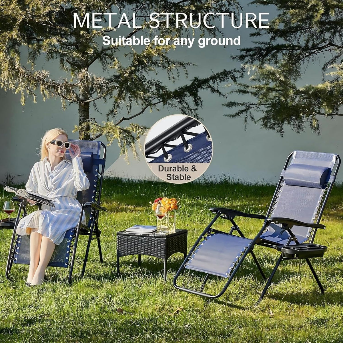 Sweetcrispy Zero Gravity Chairs, Set of 4 Portable Recliner Beach Camping Patio Outdoor Folding Lounge Chair with Cup Holder Trays and Adjustable Pillow for Poolside, Garden, Backyard, Lawn, Blue